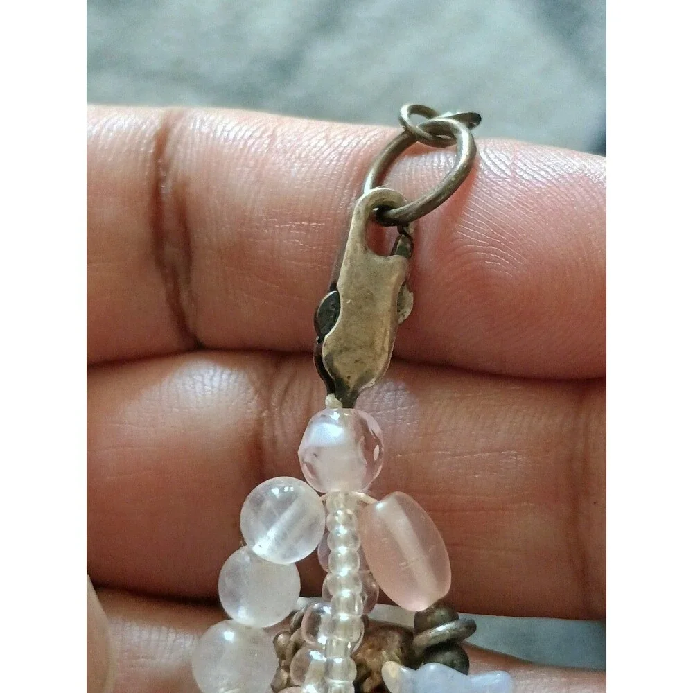 Rose Quartz Sterling Silver Glass Tulip Heart Bead Grape Charm Vintage Bracelet